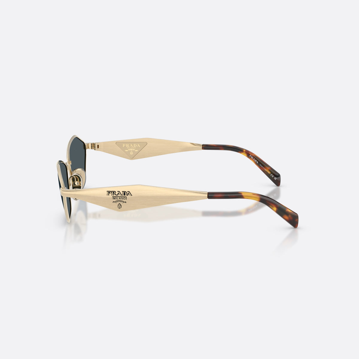 Prada PR D50S ZVN70B sunglasses, gold irregular frame for women, plain metal bridge, brand lettering on temples, side view