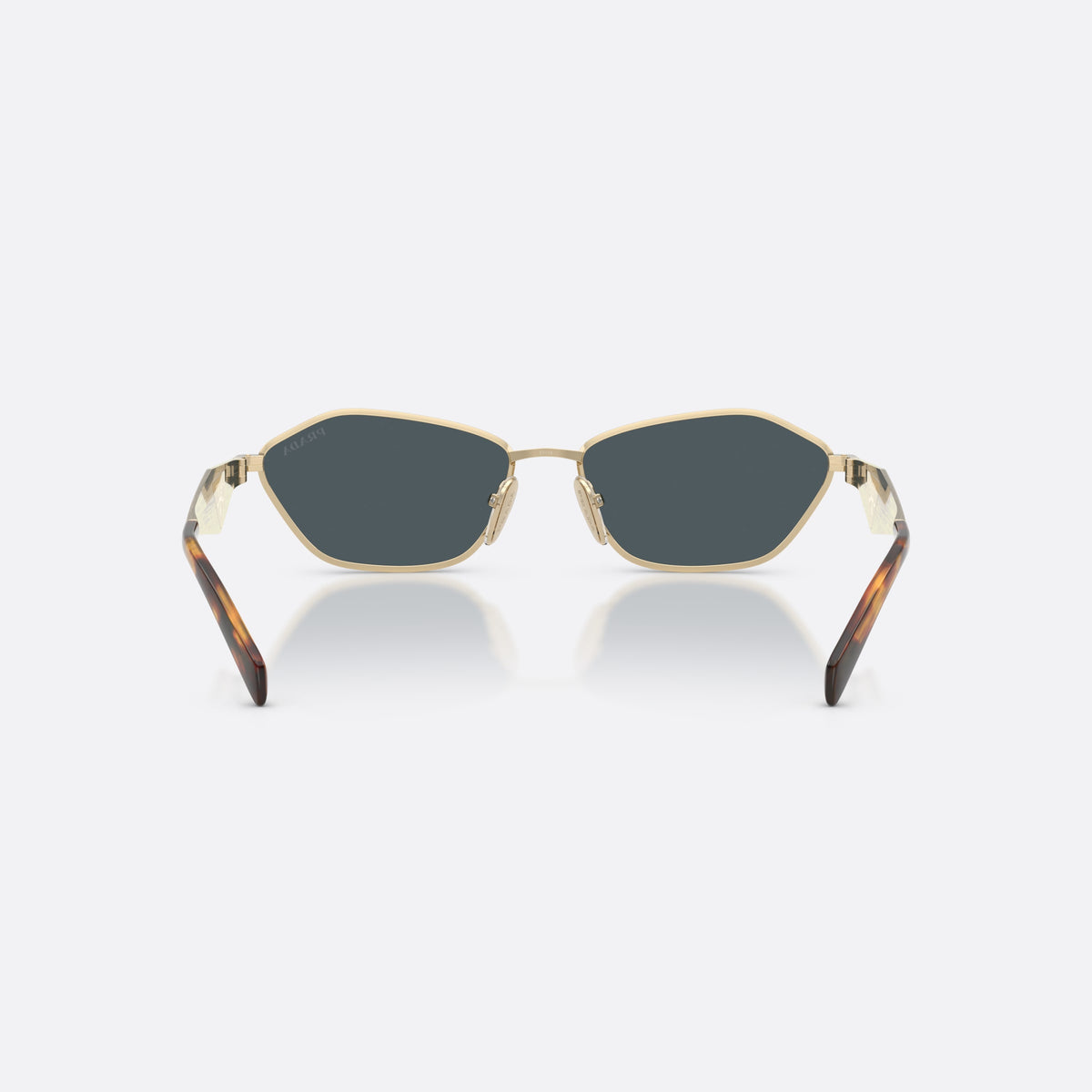 Prada PR D50S ZVN70B sunglasses, gold irregular frame for women, plain metal bridge, brand lettering on temples, back view