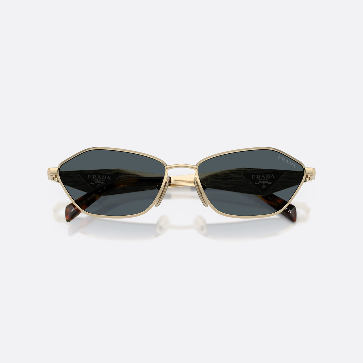 Prada PR D50S ZVN70B sunglasses, gold irregular frame for women, plain metal bridge, brand lettering on temples, folded