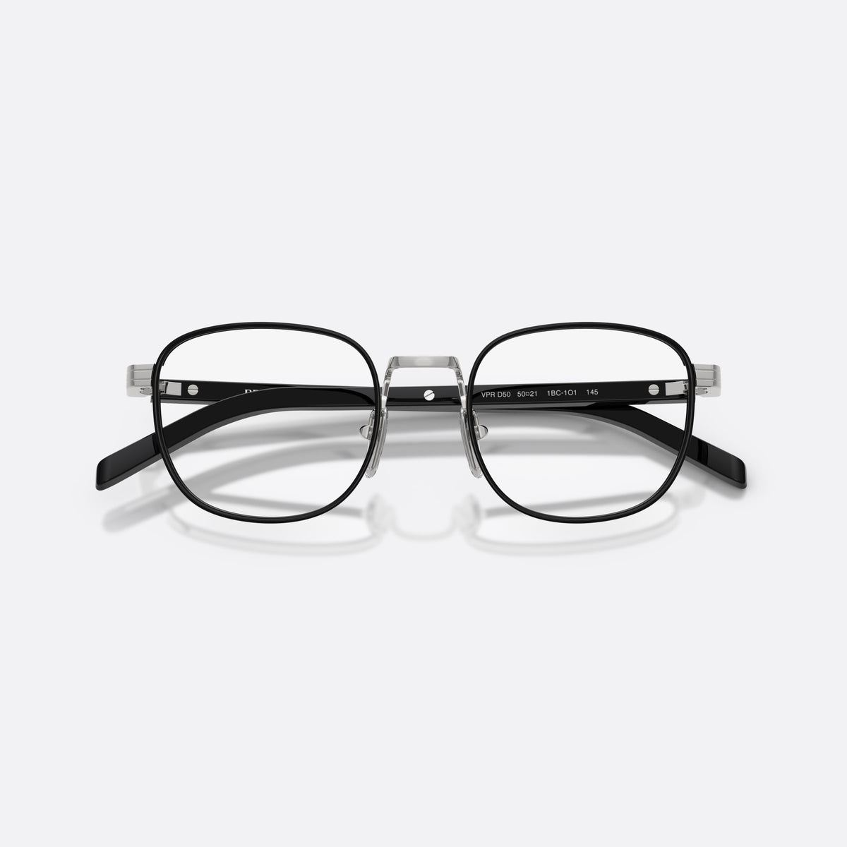 Rame ochelari de vedere Prada PR D50V 1BC1O1, phantos argintiu, pentru bărbați, punte metalică cu design simplu, literele brandului pe brațe, cu brațele pliate