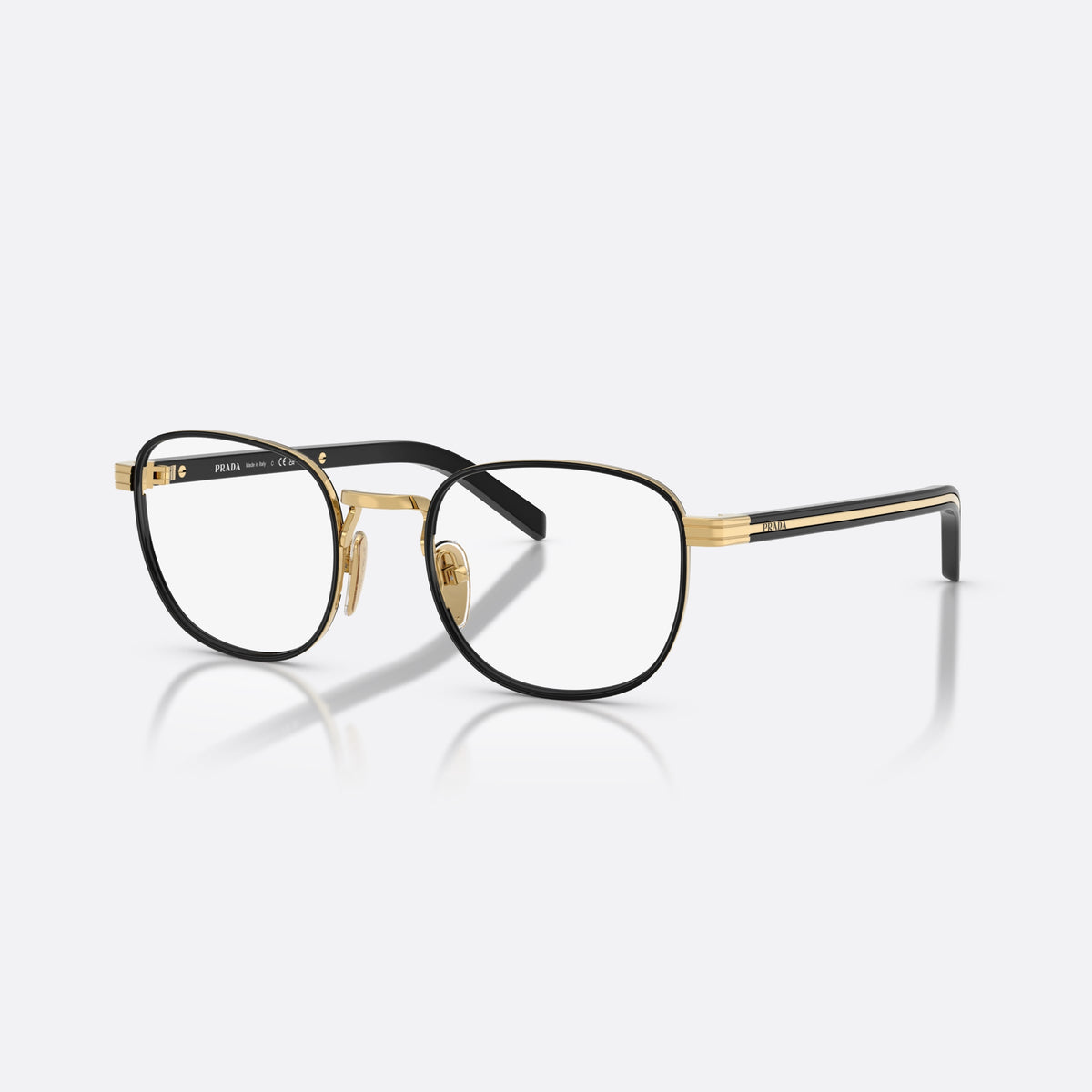 Prada PR D50V 5AK1O1 eyeglasses, black phantos frame for men, metal saddle bridge, brand lettering on temples