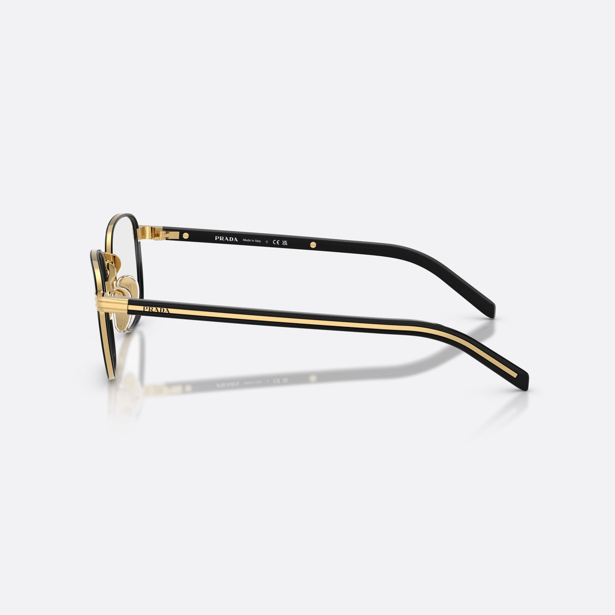 Prada PR D50V 5AK1O1 eyeglasses, black phantos frame for men, plain metal bridge, brand lettering on the temples, side view