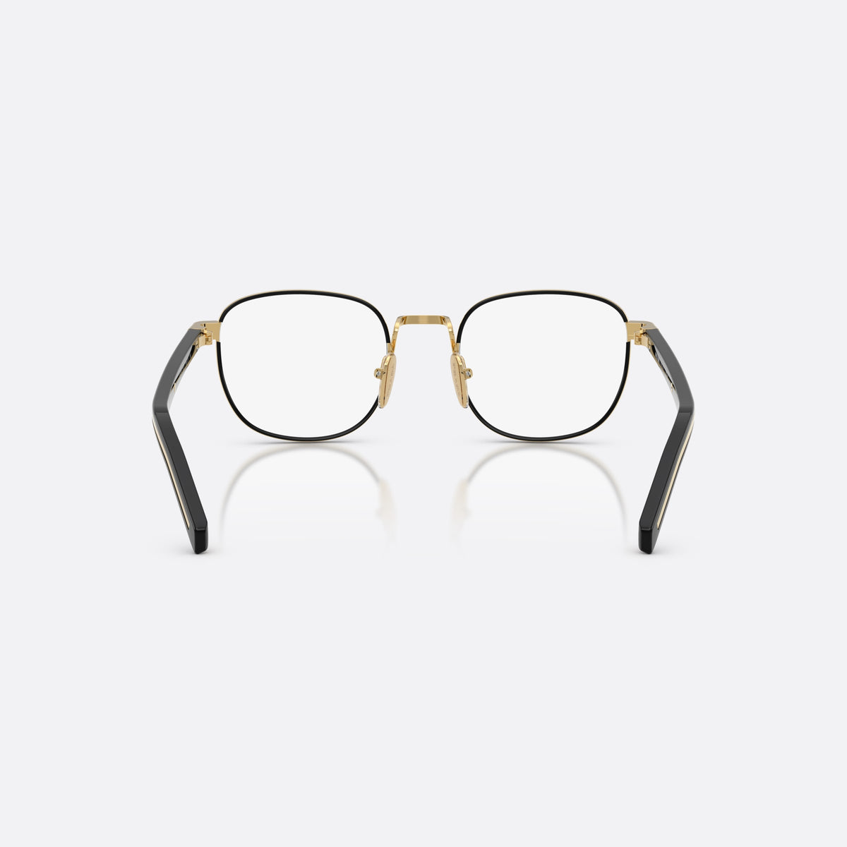 Prada PR D50V 5AK1O1 eyeglasses, black phantos frame for men, plain metal bridge, brand lettering on the temples, back view