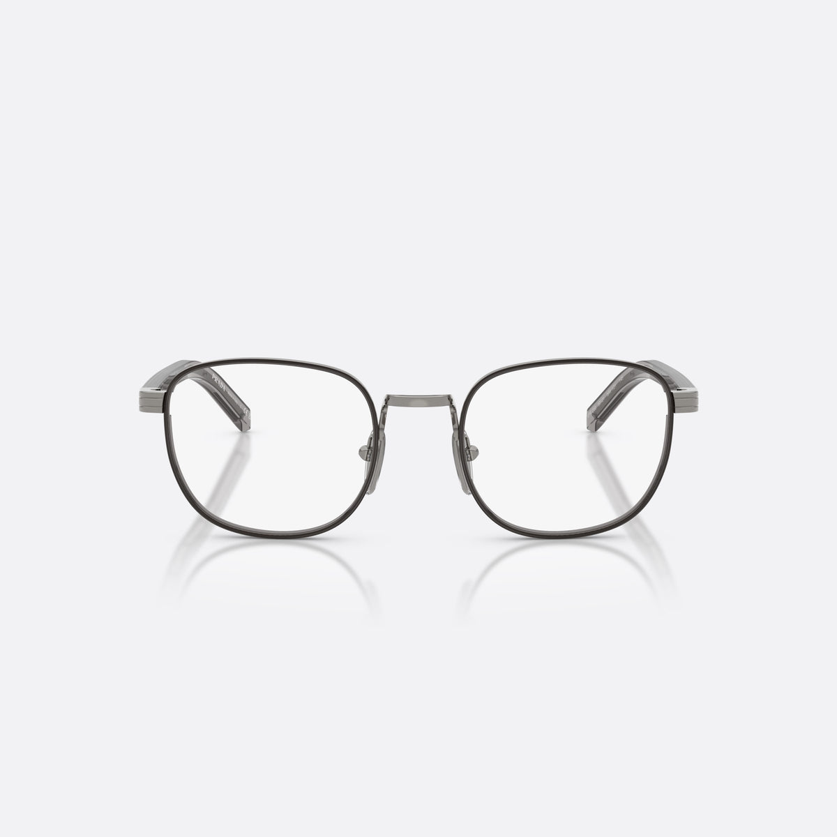 Prada PR D50V 5AV1O1 eyeglasses, grey phantos frame for men, metal saddle bridge, brand lettering on temples, front view