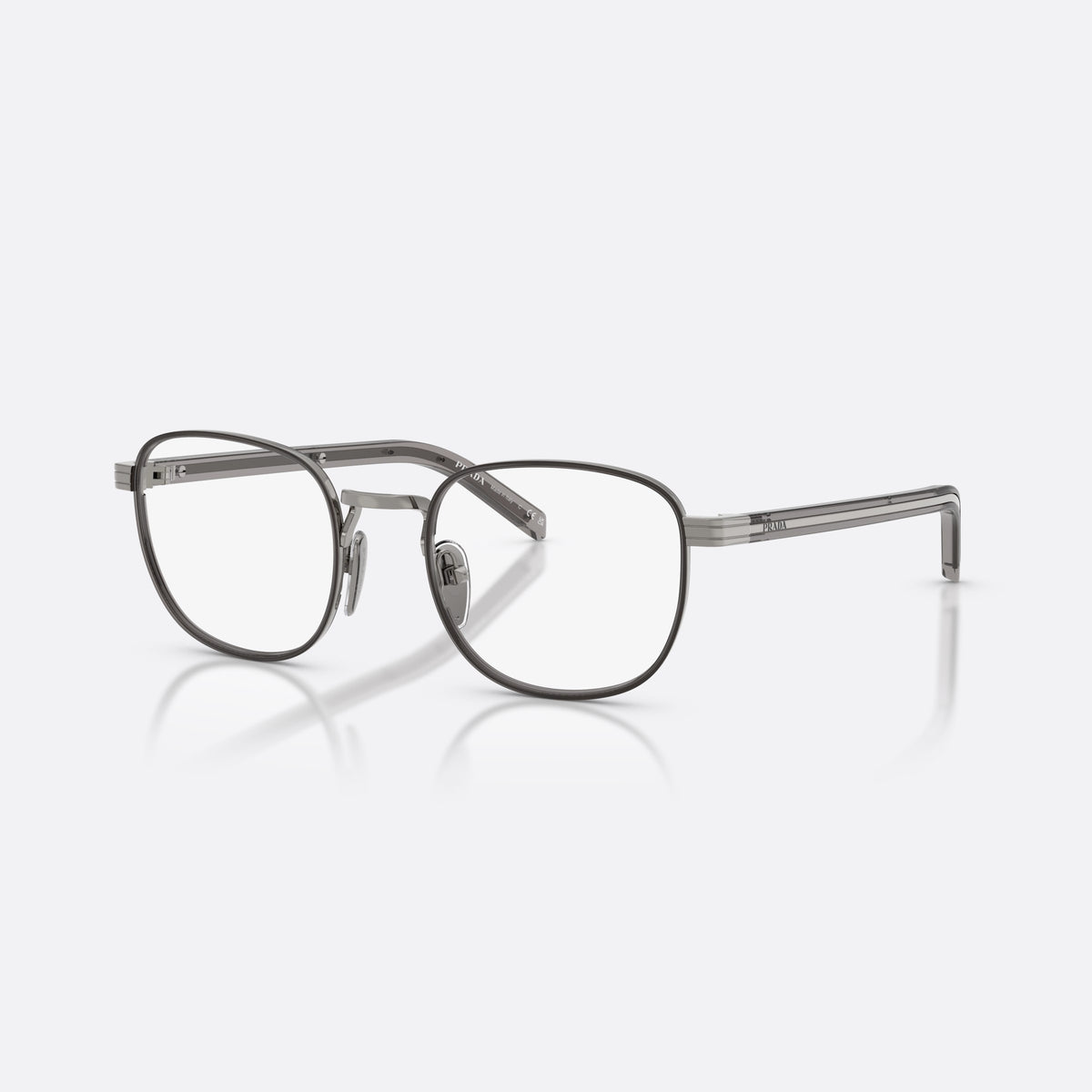 Prada PR D50V 5AV1O1 eyeglasses, grey phantos frame for men, metal saddle bridge, brand lettering on temples