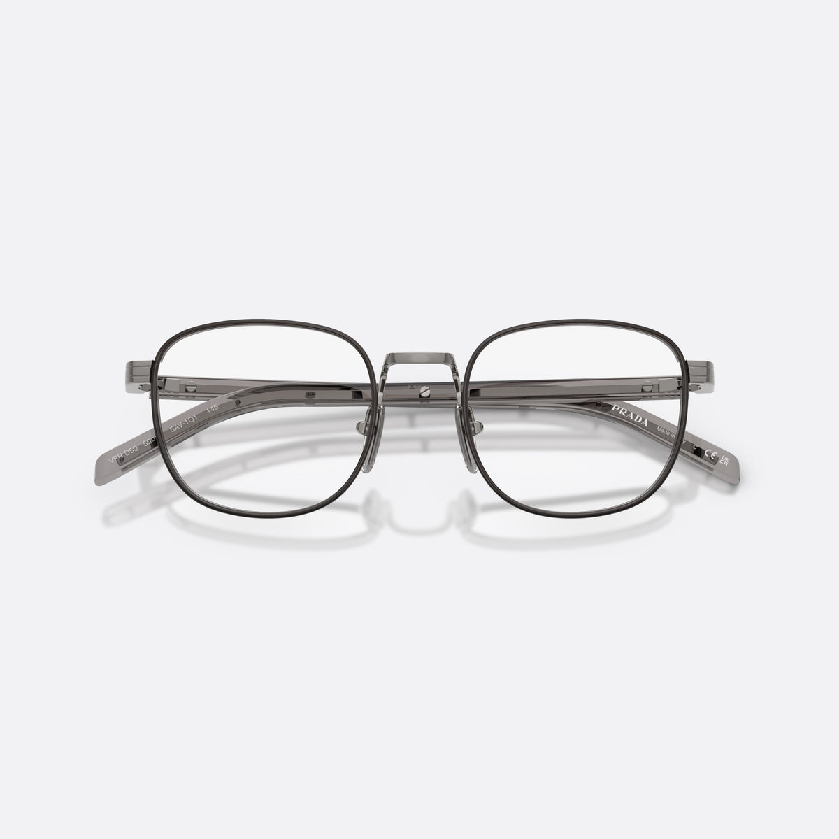 Prada PR D50V 5AV1O1 eyeglasses, grey phantos frame for men, metal saddle bridge, brand lettering on temples, folded