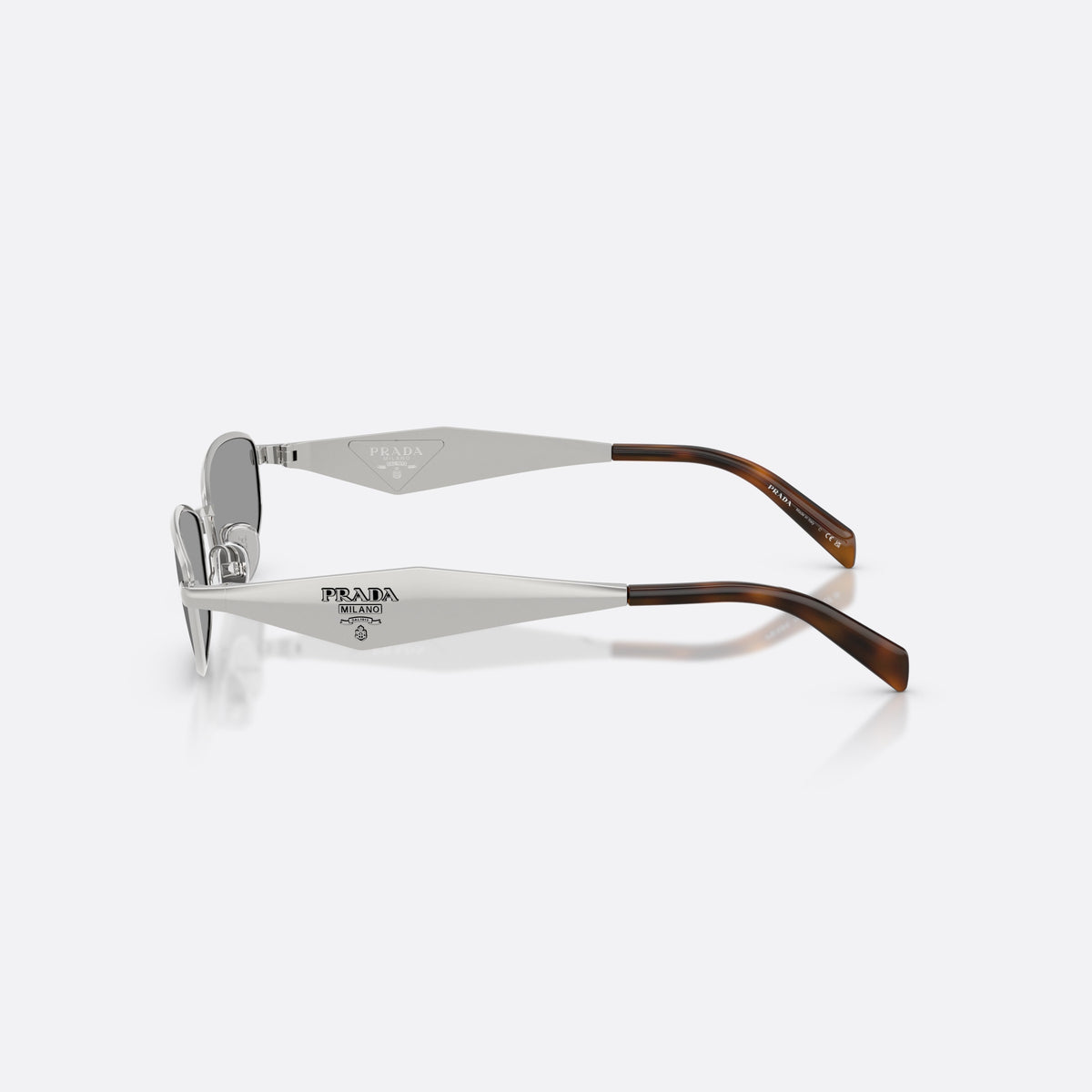 Prada PR D51S 1BC50Q sunglasses, silver oval frame for women, plain metal bridge, brand logo on temples, side view