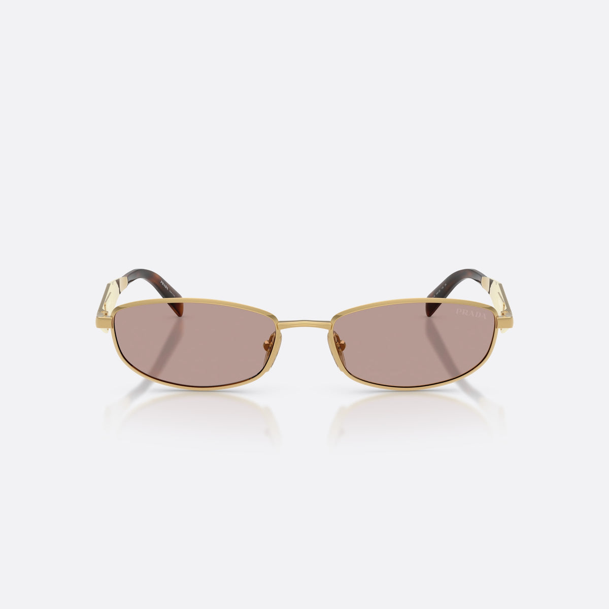 Ochelari de soare Prada PR D51S 5AK20I, ovali auriu, pentru femei, punte metalică simplă, literele brandului pe brațe, vedere din față