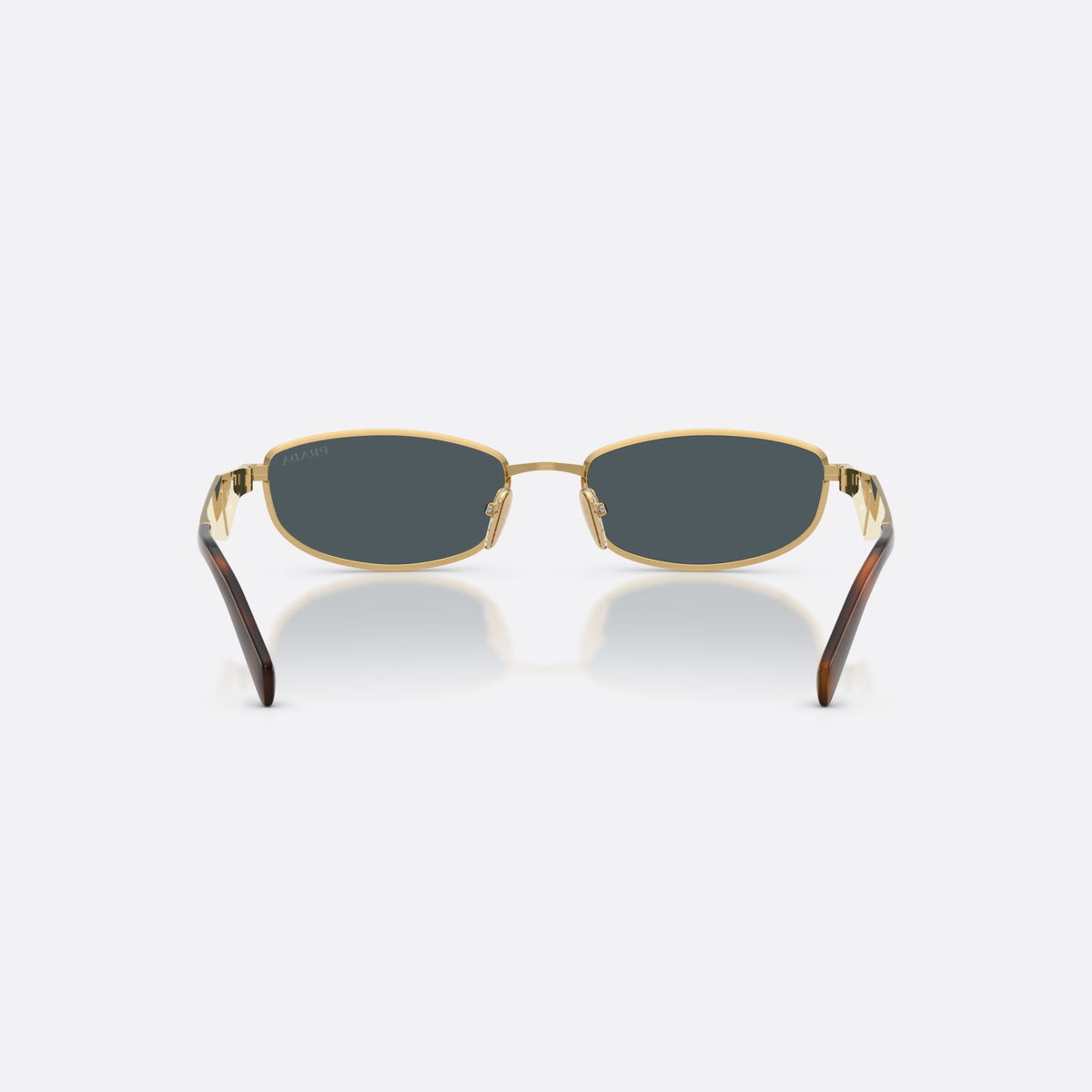 Prada PR D51S 5AK70B sunglasses, gold oval frame for women, plain metal bridge, brand logo on temples, back view