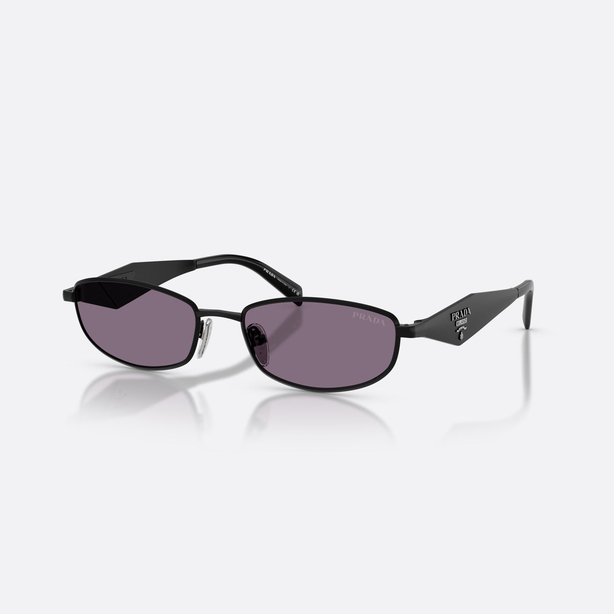 Prada PR D51S 7AB70W sunglasses, black oval frame for women, plain metal bridge, brand logo plaque on temple