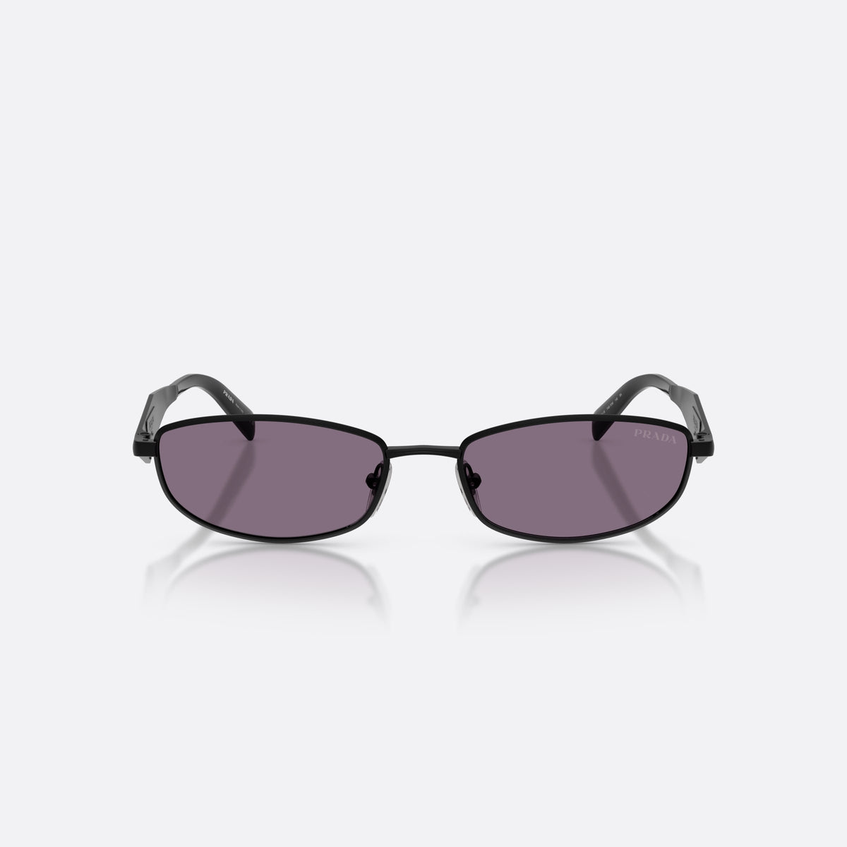 Prada PR D51S 7AB70W sunglasses, black oval frame for women, plain metal bridge, brand logo plaque on temple, front view