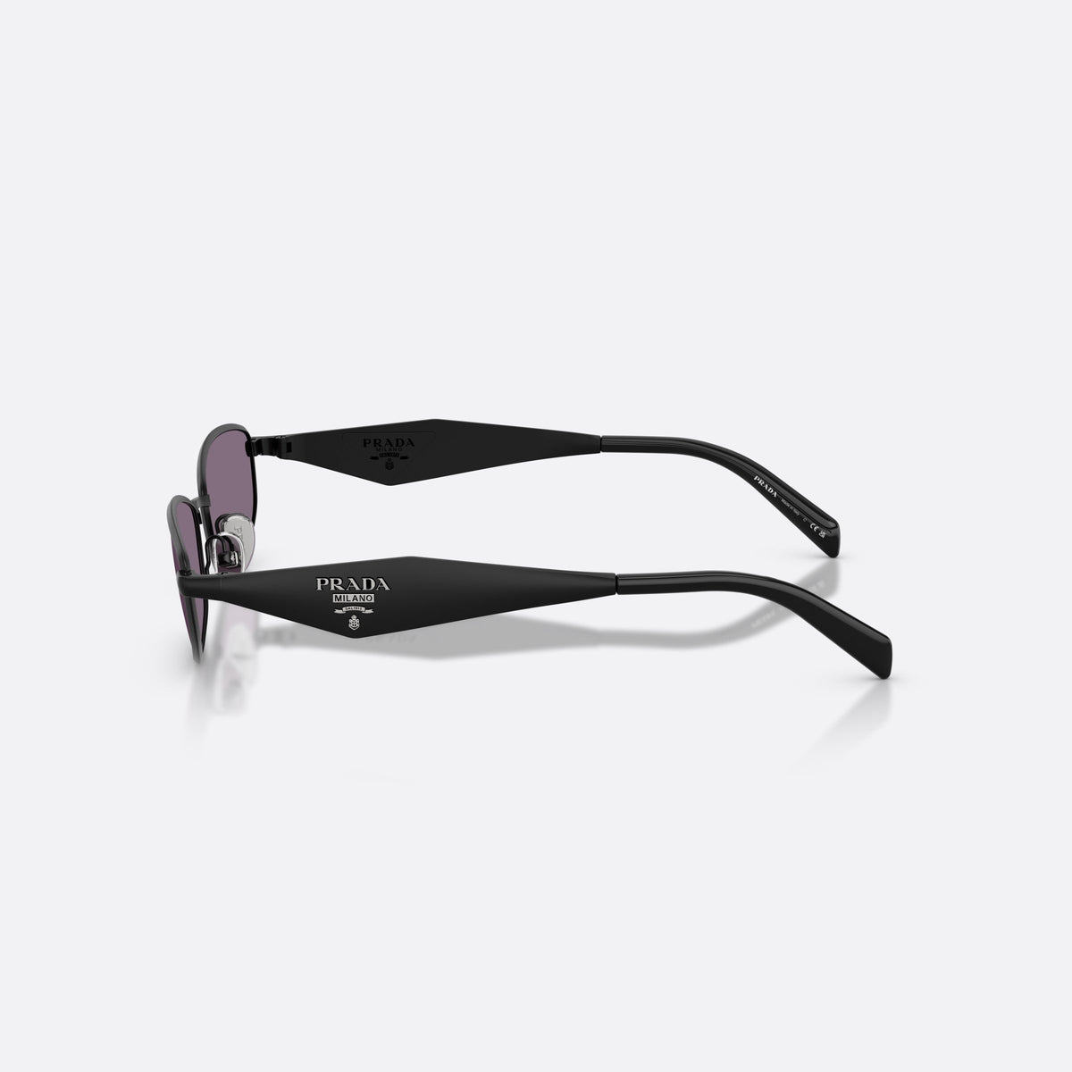 Prada PR D51S 7AB70W sunglasses, black oval frame for women, plain metal bridge, brand logo plaque on temple, side view