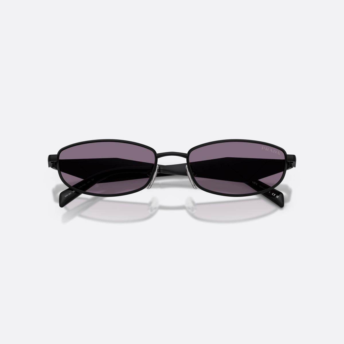Prada PR D51S 7AB70W sunglasses, black oval frame for women, plain metal bridge, brand logo plaque on temple, folded
