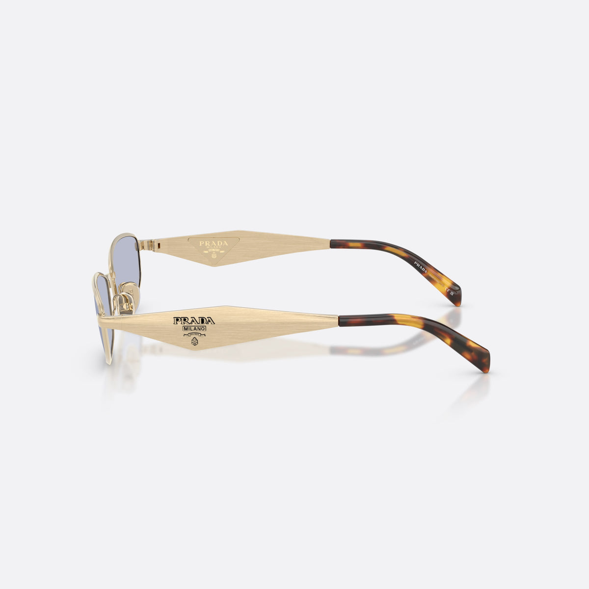 Ochelari de soare Prada PR D51S ZVN30X, ovali auriu, pentru femei, punte metalică simplă, placă cu logo-ul brandului pe brațe, vedere laterală