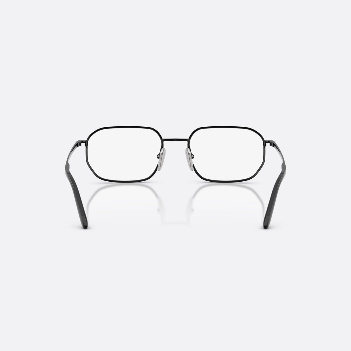 Prada PR D51V 1AB1O1 eyeglasses, black irregular frame for men, double bridge with metal bar, brand lettering on temples, back view