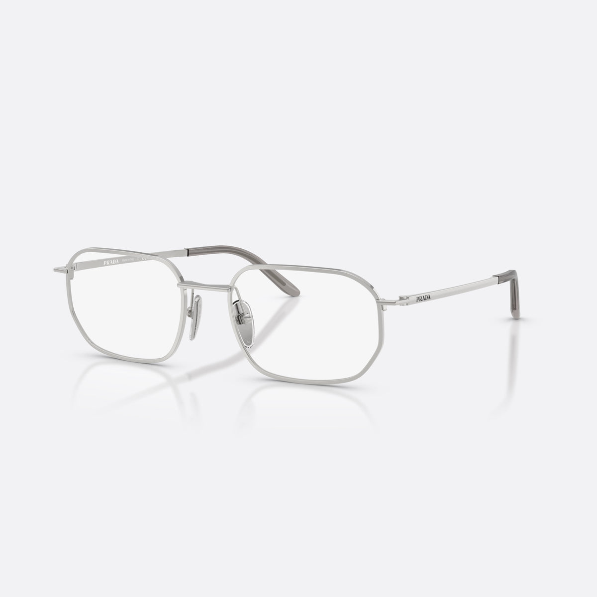 Prada PR D51V 1BC1O1 eyeglasses, silver irregular frame for men, plain metal bridge, brand lettering on temples