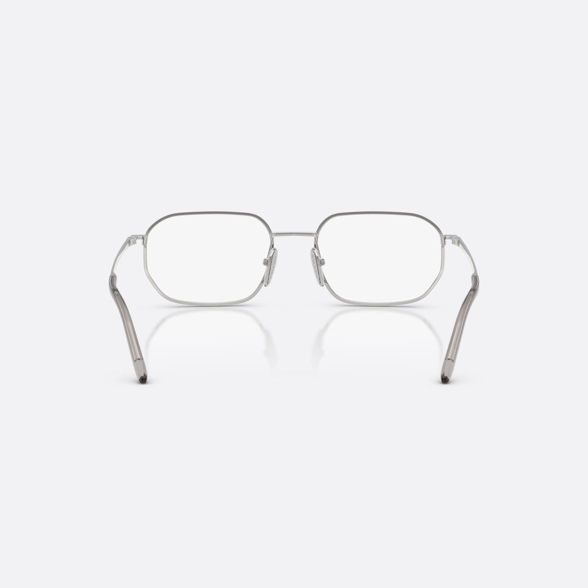 Prada PR D51V 1BC1O1 eyeglasses, silver irregular frame for men, plain metal bridge, brand lettering on temples, back view