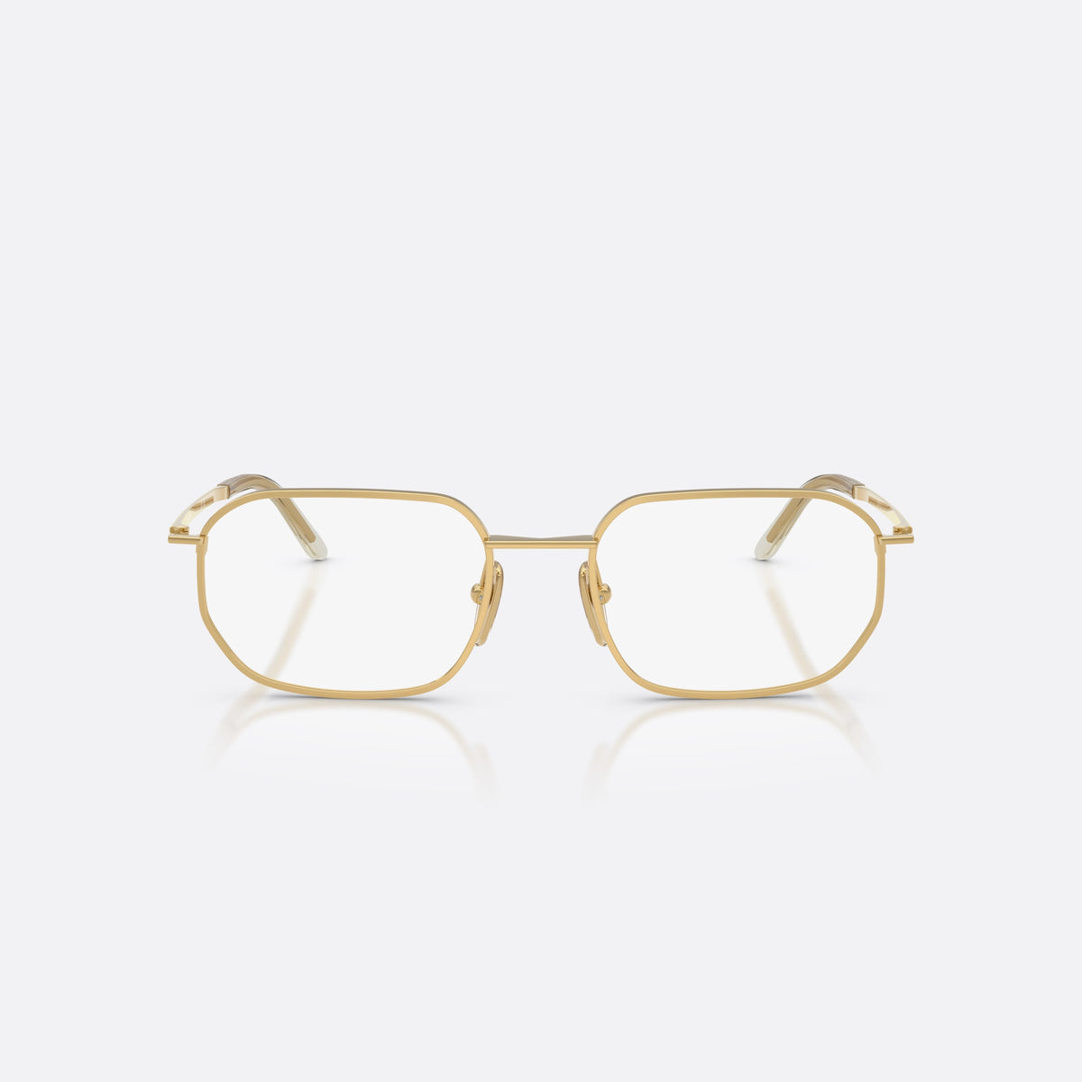 Prada PR D51V 5AK1O1 eyeglasses, gold irregular frame for men, plain metal bridge, brand lettering on temples, front view