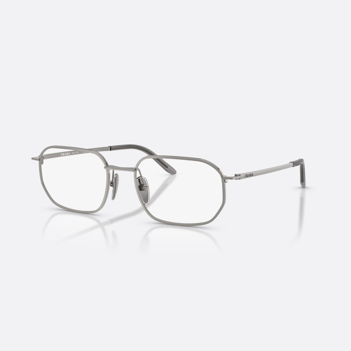 Prada PR D51V 5AV1O1 eyeglasses, grey irregular frame for men, plain metal bridge, brand lettering on temples