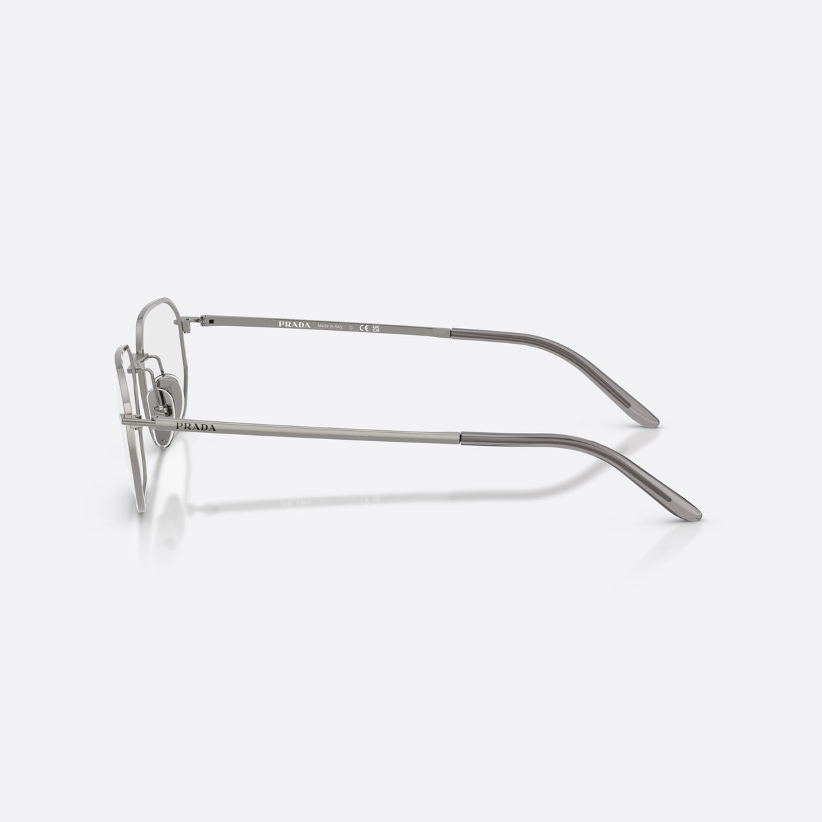 Prada PR D51V 5AV1O1 eyeglasses, grey irregular frame for men, plain metal bridge, brand lettering on temples, side view