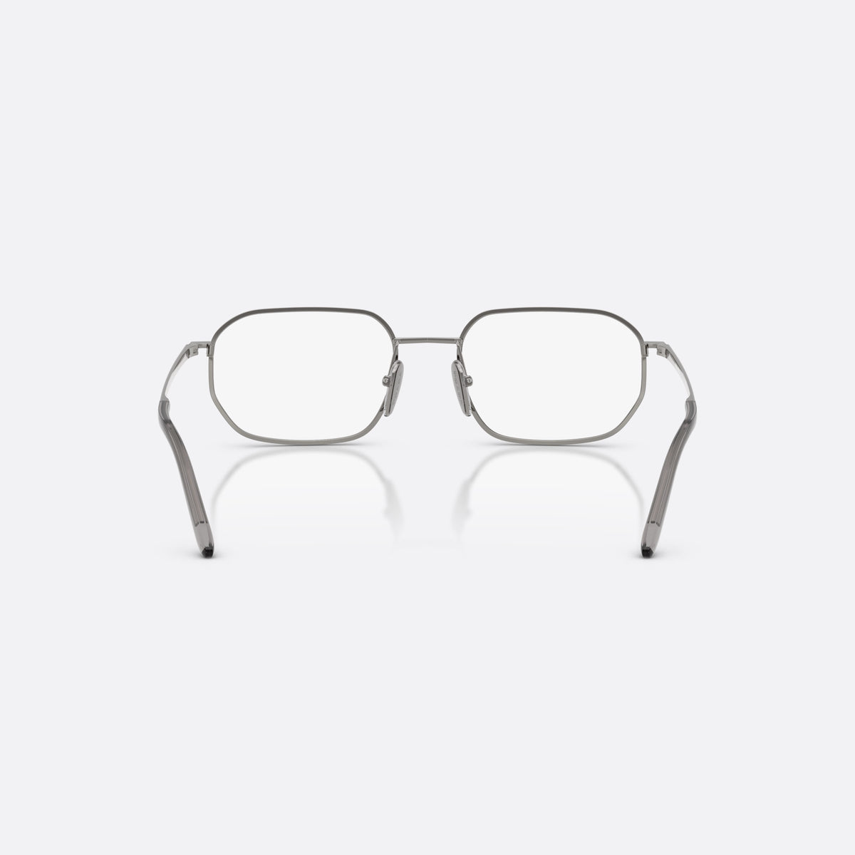 Prada PR D51V 5AV1O1 eyeglasses, grey irregular frame for men, plain metal bridge, brand lettering on temples, back view