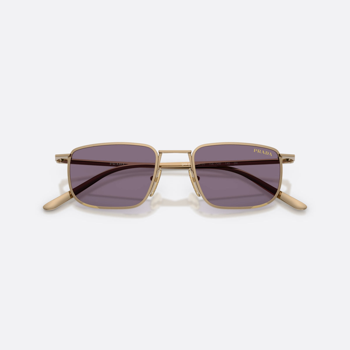 Prada PR D52S 7OE70W sunglasses, brown pillow frame for men, plain metal bridge, brand lettering on temples, folded