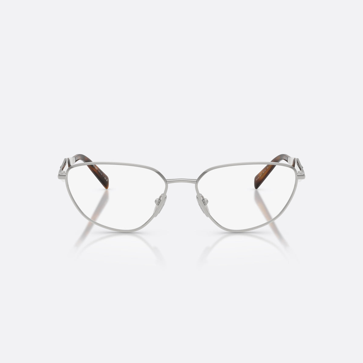 Prada PR D52V 1BC1O1 eyeglasses, silver irregular frame for women, thin metal bridge, brand logo on temples, front view