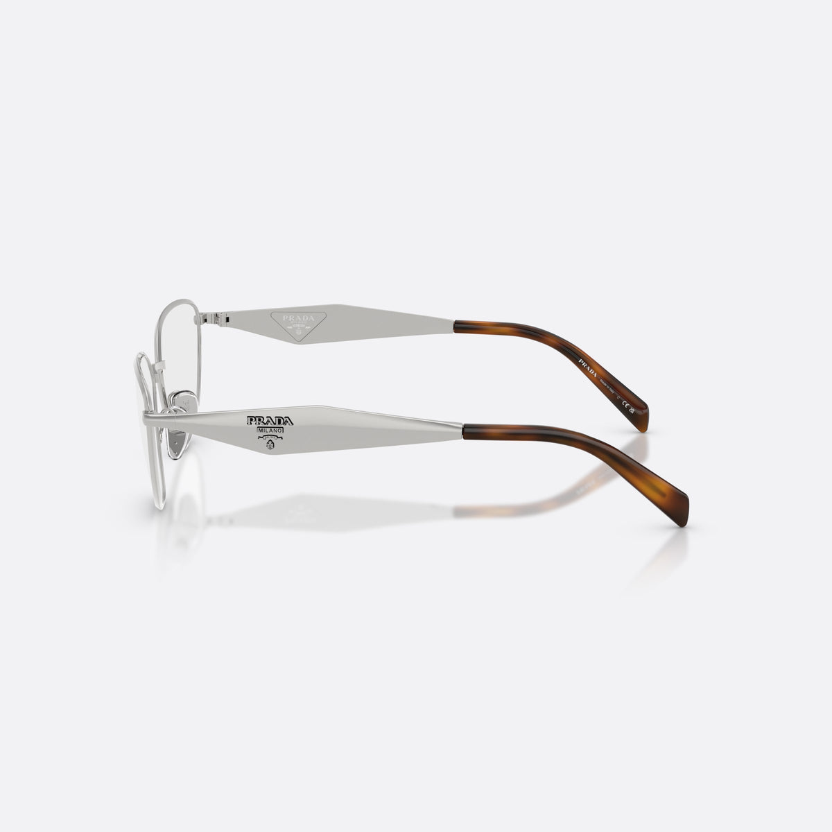Prada PR D52V 1BC1O1 eyeglasses, silver irregular frame for women, thin metal bridge, brand logo on temples, side view