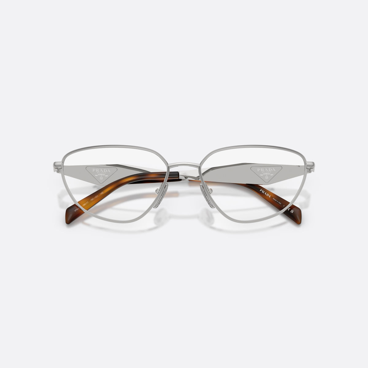 Prada PR D52V 1BC1O1 eyeglasses, silver irregular frame for women, thin metal bridge, brand logo on temples, folded