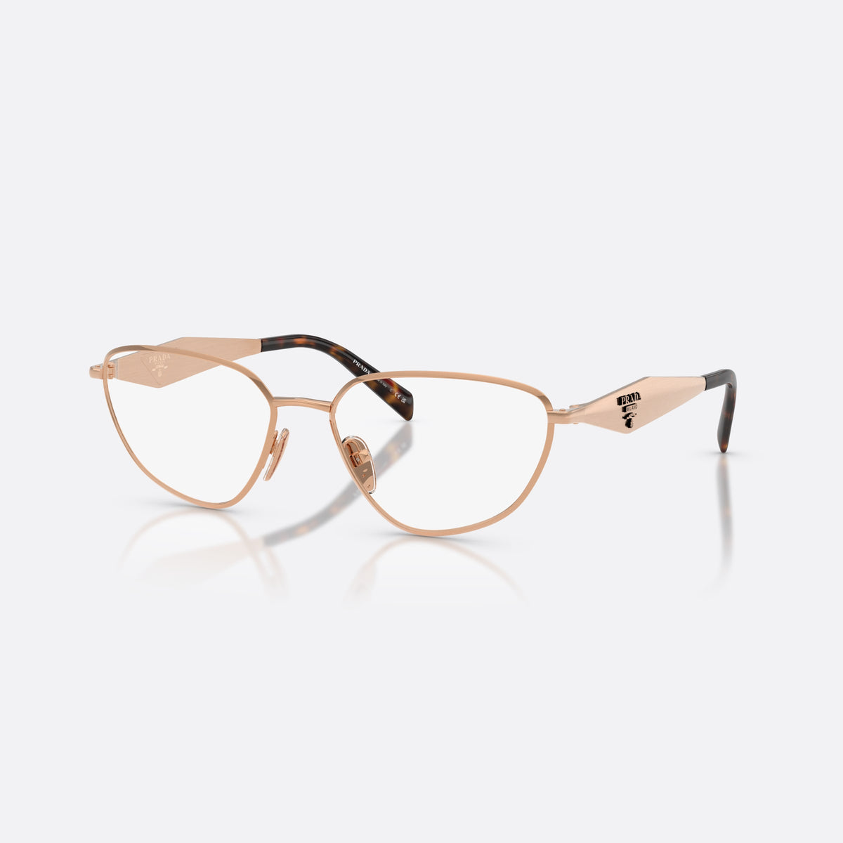 Prada PR D52V 22L1O1 eyeglasses, gold irregular frame for women, plain metal bridge, brand logo plaque on temples