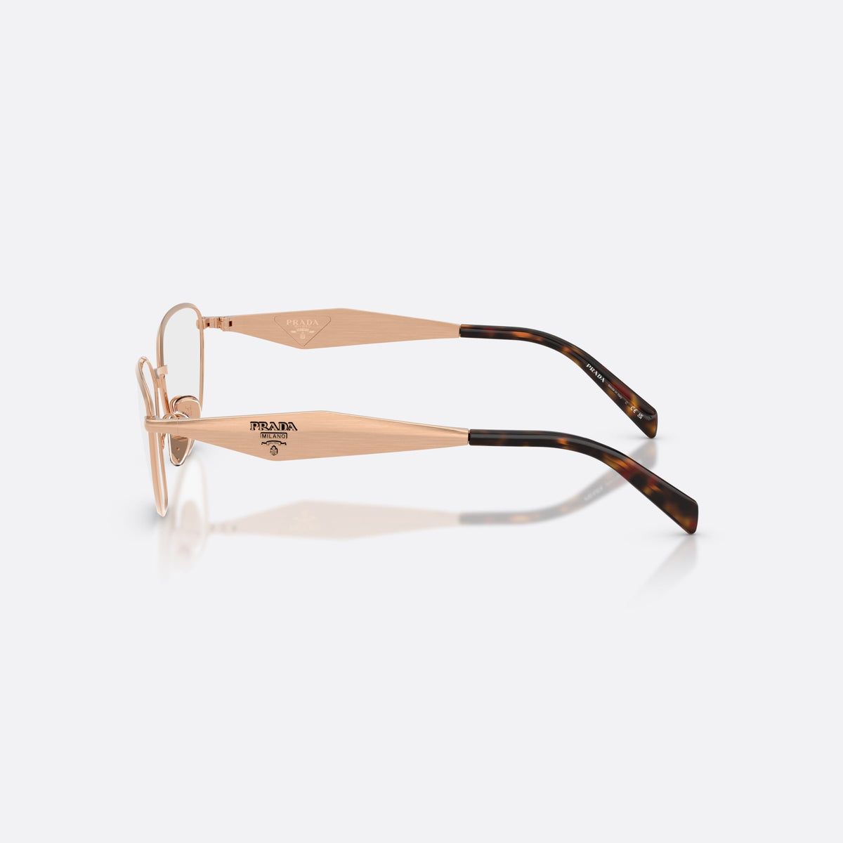 Prada PR D52V 22L1O1 eyeglasses, gold irregular frame for women, plain metal bridge, brand logo plaque on temples, side view