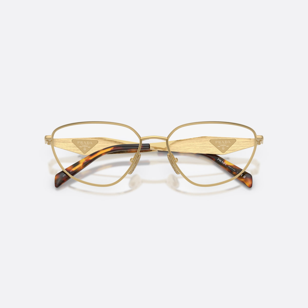 Rame ochelari de vedere Prada PR D52V 24J1O1, neregulat auriu, pentru femei, punte metalică simplă, literele brandului pe brațe, cu brațele pliate