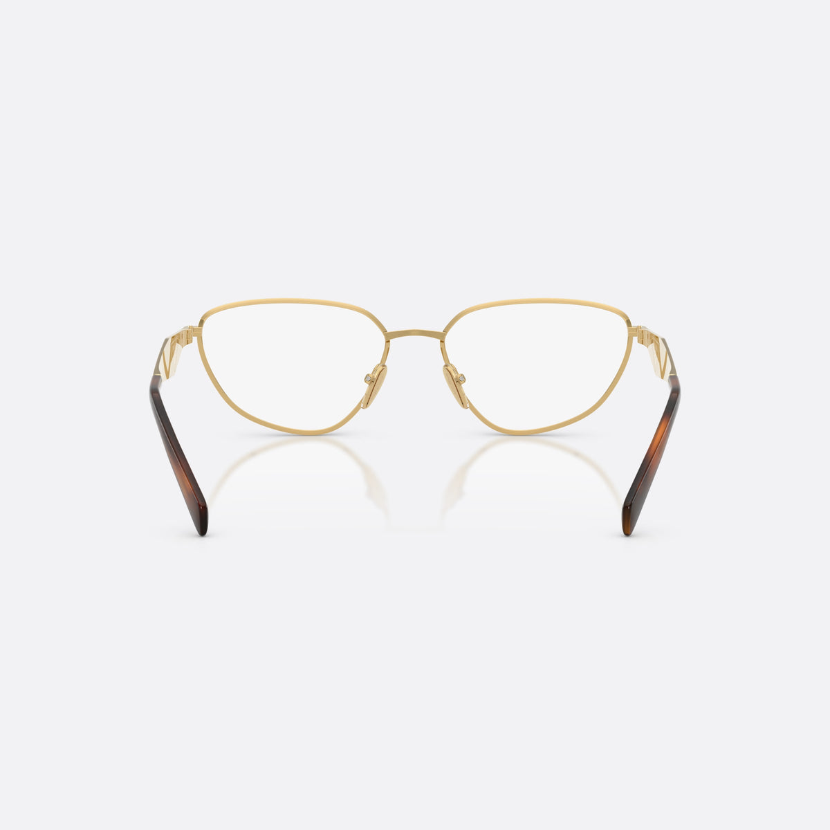 Prada PR D52V 5AK1O1 eyeglasses, gold irregular frame for women, plain metal bridge, brand logo on temples, back view