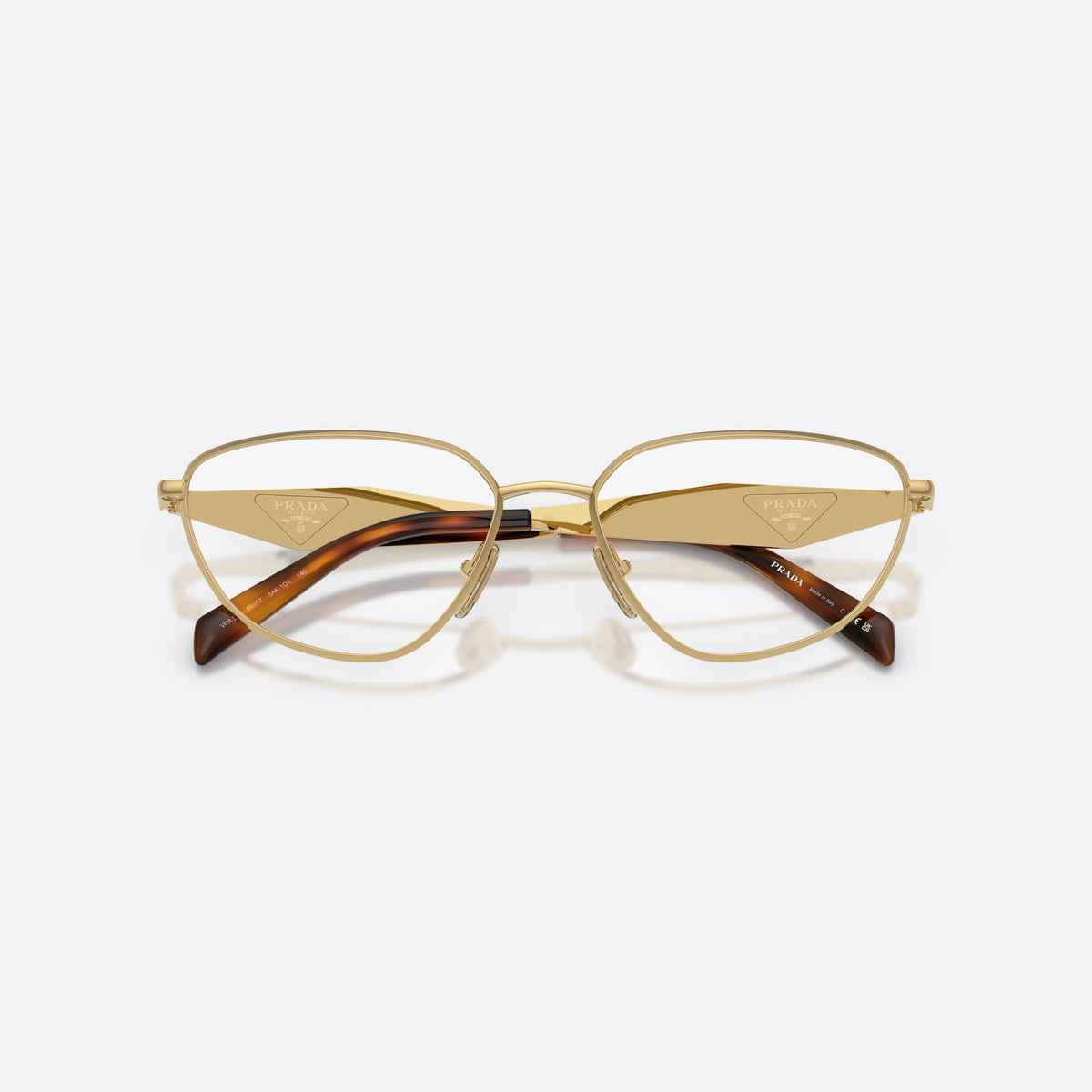 Prada PR D52V 5AK1O1 eyeglasses, gold irregular frame for women, plain metal bridge, brand logo on temples, folded
