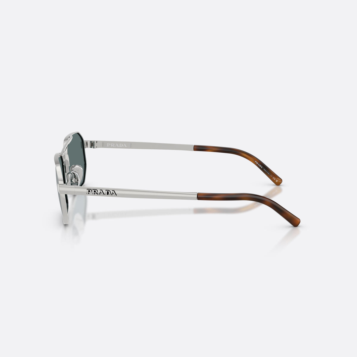 Prada PR D53S 1BC40X sunglasses, silver irregular frame for men, double bridge with top bar, brand lettering on temples, side view
