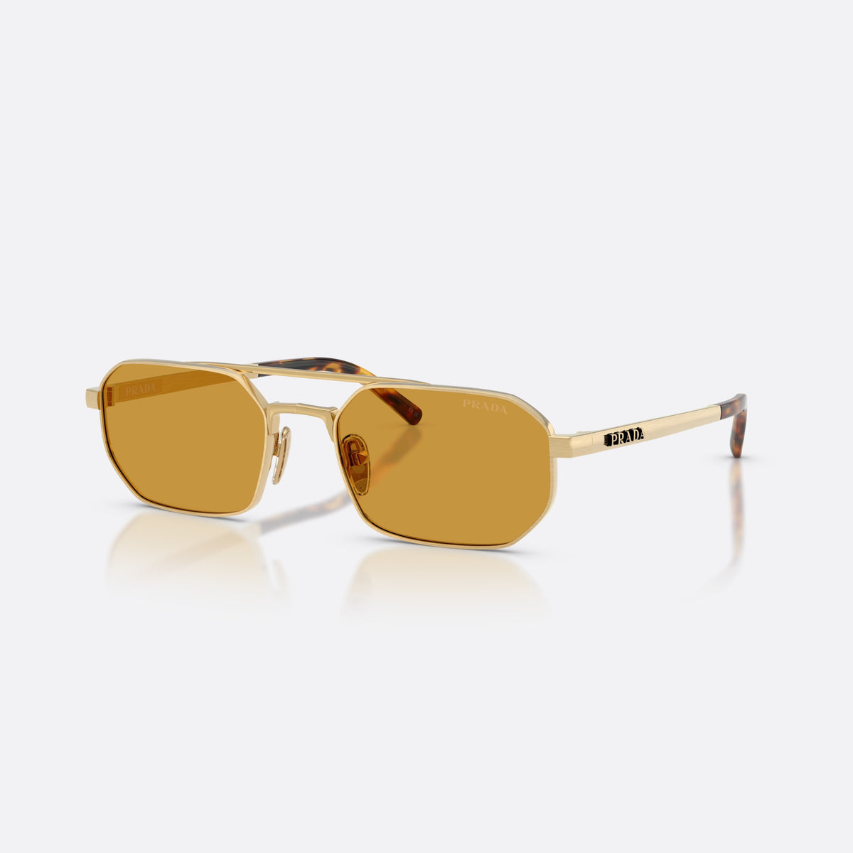 Prada PR D53S 24J50P sunglasses, gold irregular frame for men, double bridge with top bar, brand lettering on temples