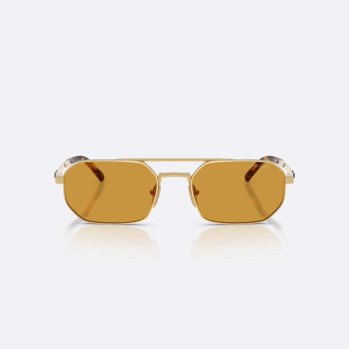 Prada PR D53S 24J50P sunglasses, gold irregular frame for men, double bridge with top bar, brand lettering on temples, front view