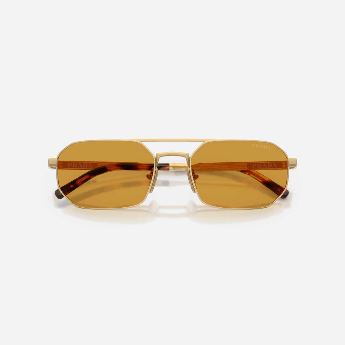Prada PR D53S 24J50P sunglasses, gold irregular frame for men, double bridge with top bar, brand lettering on temples, folded