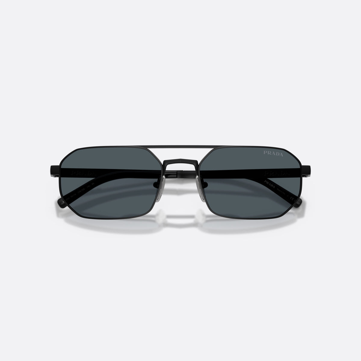 Prada PR D53S 7AB70B sunglasses, black irregular frame for men, double bridge with metal top bar, folded