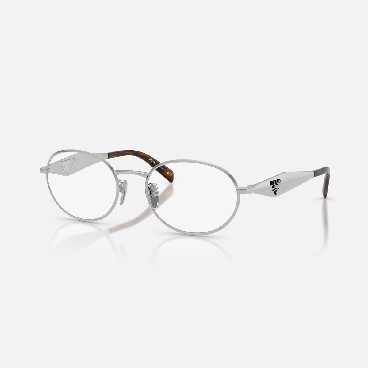 Prada PR D53VD 1BC1O1 eyeglasses, silver oval frame for women, plain metal bridge, brand logo plaque on temples