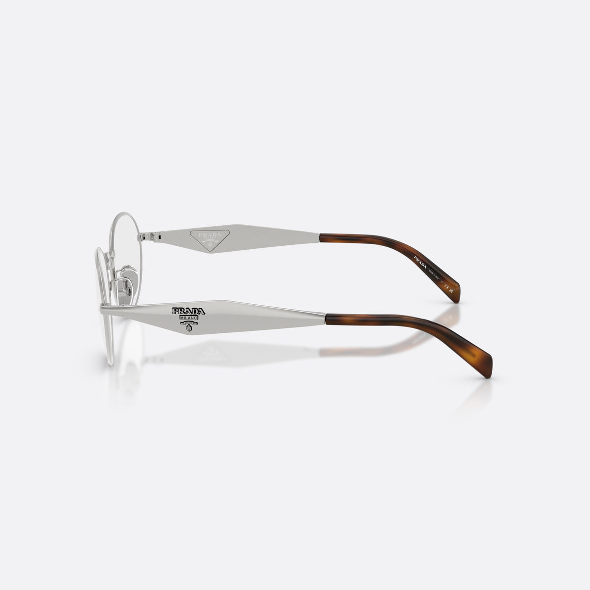 Prada PR D53VD 1BC1O1 eyeglasses, silver oval frame for women, plain metal bridge, brand logo plaque on temples, side view