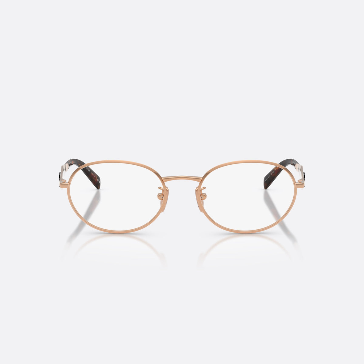 Rame ochelari de vedere Prada PR D53VD 22L1O1, ovali auriu, pentru femei, punte metalică simplă, literele brandului pe brațe, vedere din față
