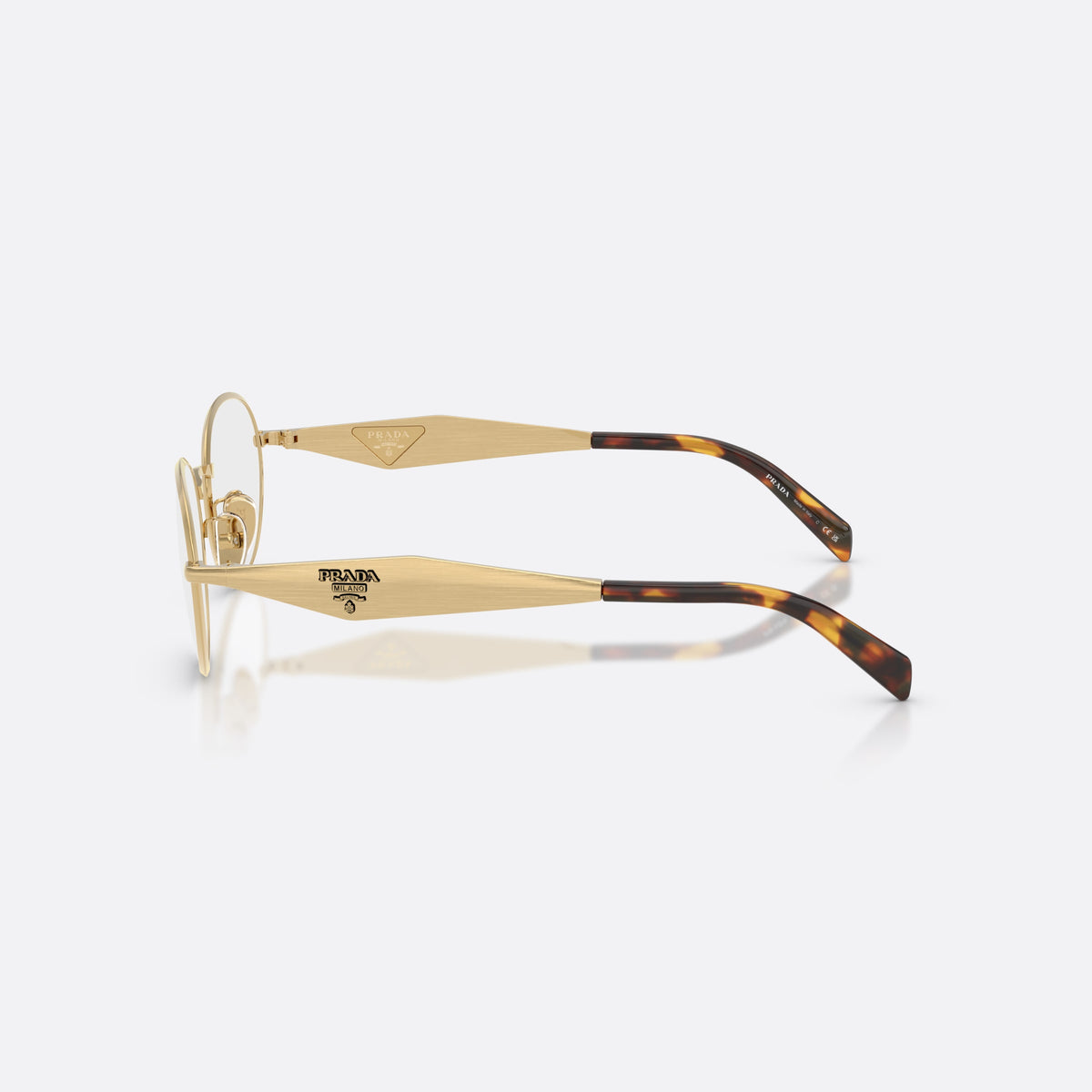 Prada PR D53VD 24J1O1 eyeglasses, gold oval frame for women, plain metal bridge, triangular plaque on temple, side view