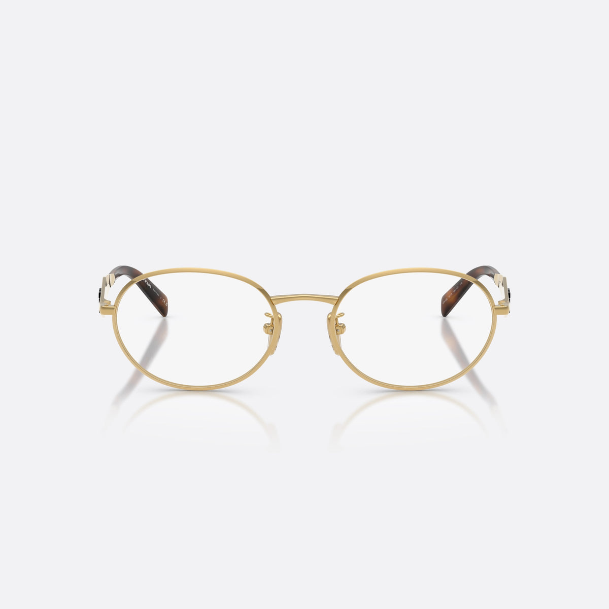 Prada PR D53VD 5AK1O1 eyeglasses, gold oval frame for women, plain metal bridge, brand logo on temples, front view