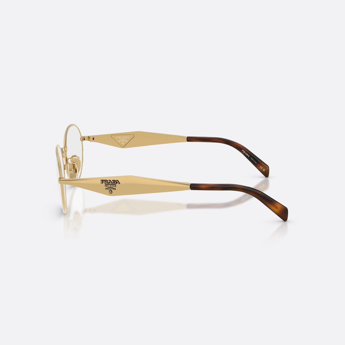 Prada PR D53VD 5AK1O1 eyeglasses, gold oval frame for women, plain metal bridge, brand logo on temples, side view
