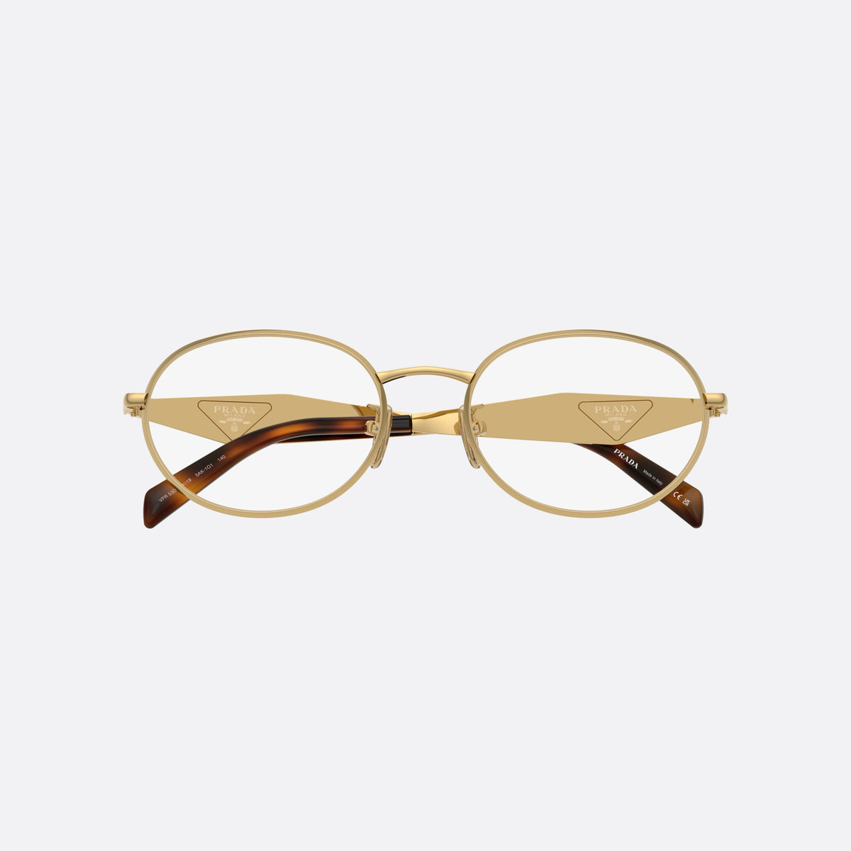 Prada PR D53VD 5AK1O1 eyeglasses, gold oval frame for women, plain metal bridge, brand logo on temples, folded