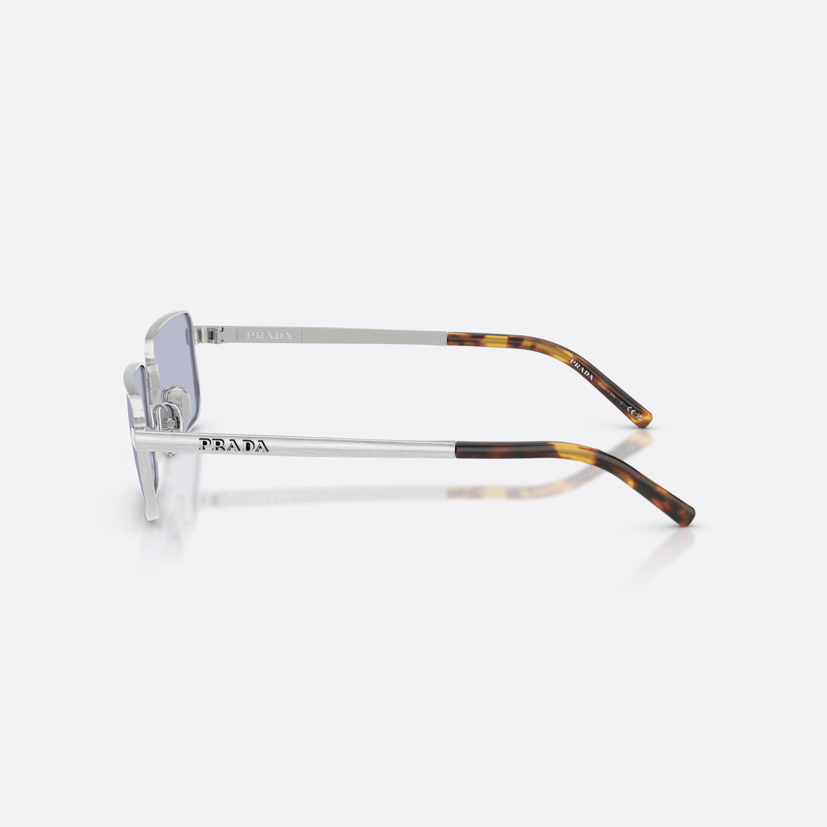 Prada PR D54S 04K30X sunglasses, silver rectangle frame for men, plain metal bridge, brand lettering on temples, side view