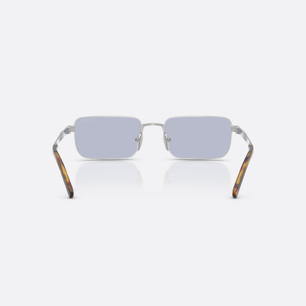 Prada PR D54S 04K30X sunglasses, silver rectangle frame for men, plain metal bridge, brand lettering on temples, back view