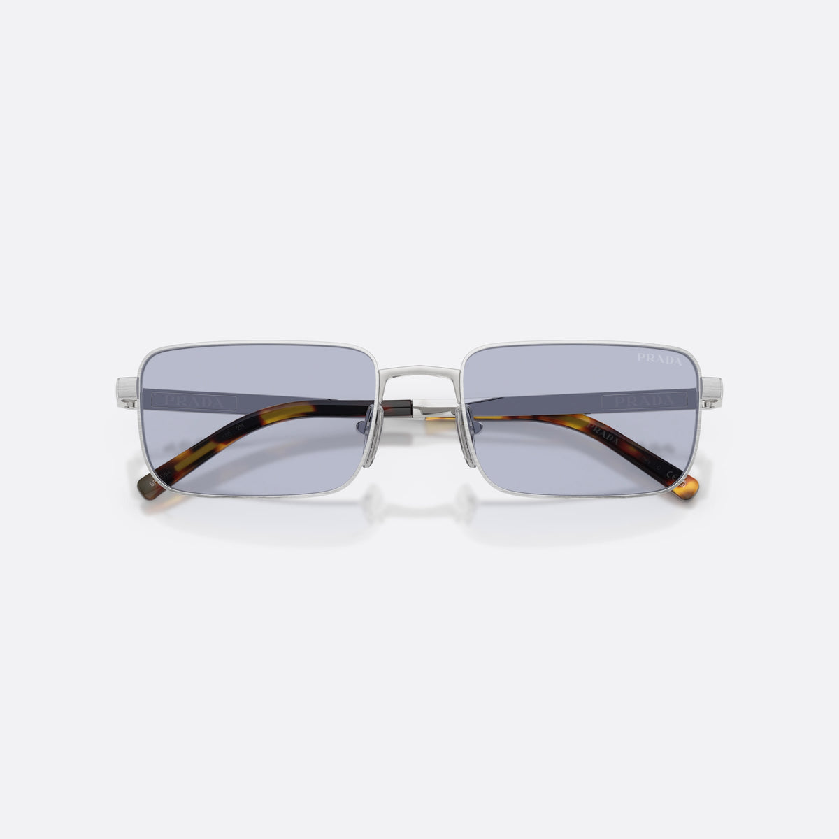 Prada PR D54S 04K30X sunglasses, silver rectangle frame for men, plain metal bridge, brand lettering on temples, folded