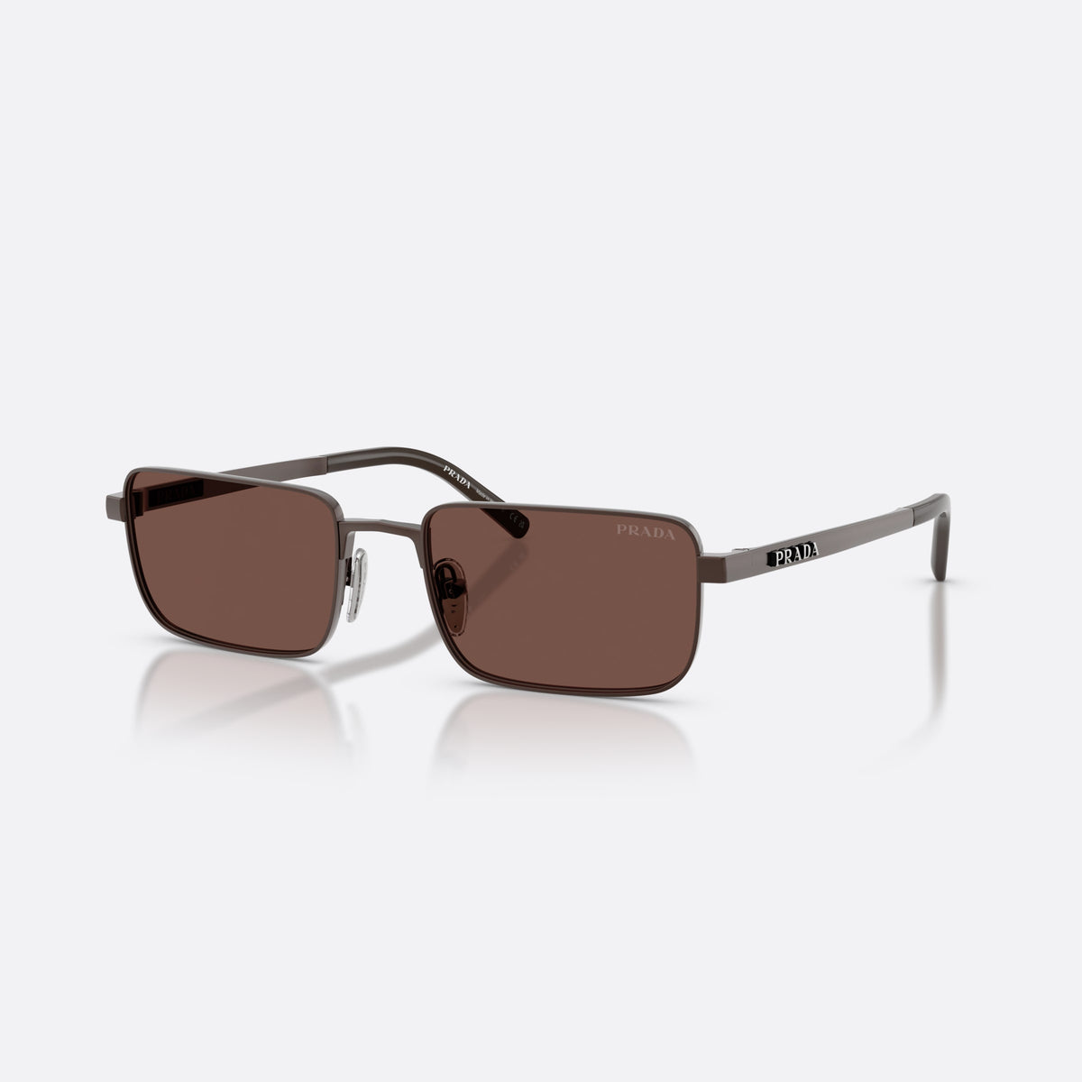 Prada PR D54S 22J80T sunglasses, brown rectangle frame for men, plain metal bridge, brand lettering on temples